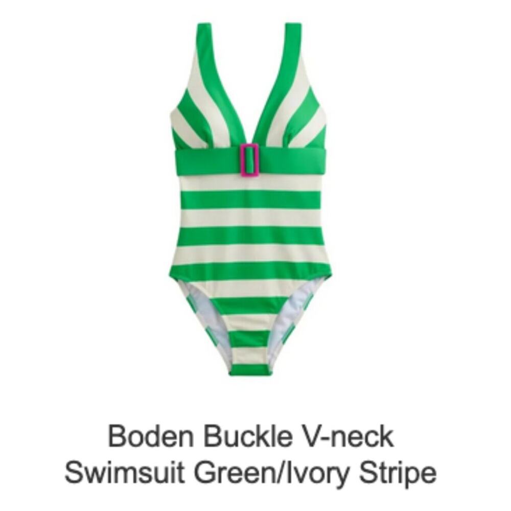 NEW - BODEN women PORTO V-NECK resin buckle one piece swimsuit green white SZ 6L - Picture 4 of 15